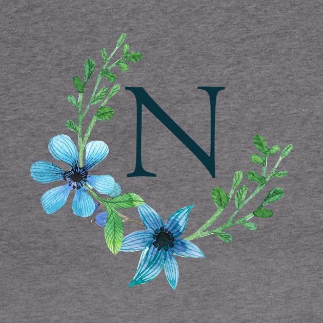 Floral Monogram N Pretty Blue Flowers by floralmonogram